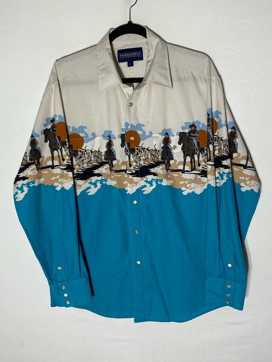 Panhandle Slim Other - Vintage 90s Panhandle Slim Cowboy Border Print Pearl Snap Western Shirt L